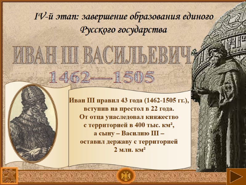 ИВАН III ВАСИЛЬЕВИЧ 1462—1505 ІV-й этап: завершение образования единого Русского государства Иван ІІІ ИВАН III ВАСИЛЬЕВИЧ 1462—1505 ІV-й этап: завершение образования единого Русского государства Иван ІІІ